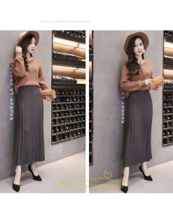 スカート | ニット秋冬 レディース ロングプリーツハイウエスト 大人 30代 ウエストゴム 40代 50代 ストレッチ 無地 エレガント 柔らか