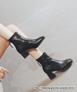 ショートブーツ | レディース 春秋ブーツ スクエアトゥ ブーツ チャンキーヒール 太ヒール 後ろファスナー 靴 通学通勤 シューズ 大人 黒ブーツ ミドルヒール