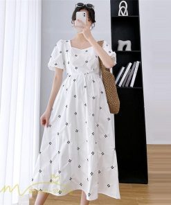 ワンピース | マタニティスカート レディース 着痩せ Aライン半袖 スクエアネック 薄手 夏新作 膝丈 妊婦服 柄 ポケット 産前 マタニティウェア 夏服