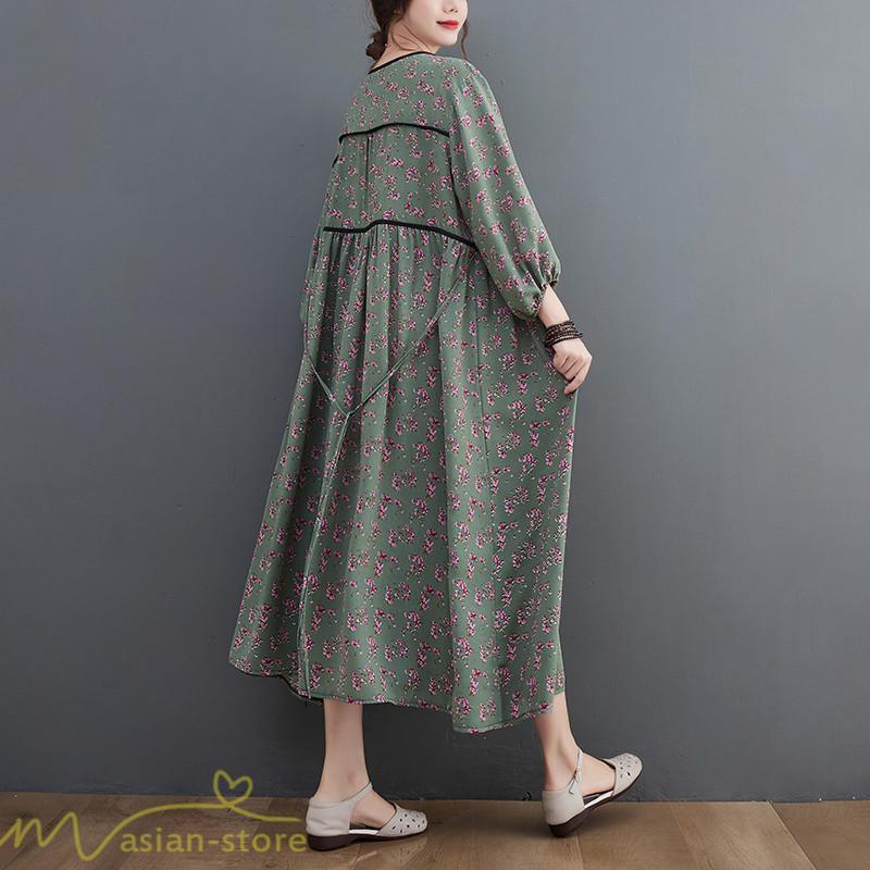 マキシ | ワンピース レディース Vネック 7分袖 秋 ロングワンピース フリーサイズ 花柄 40代 50代 大人 レトロ風 ゆるワンピース カジュアル 秋コーデ 30代 大人 20代
