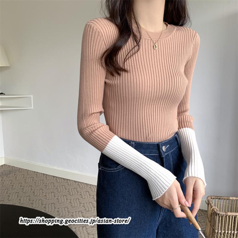ニット・セーター | カットソー ニット レディース リブニット 長袖 秋冬 春 トップス スリム ストレッチ インナー 無地 長袖ニット 通学通勤 着痩せ 長袖カットソー プルオーバー