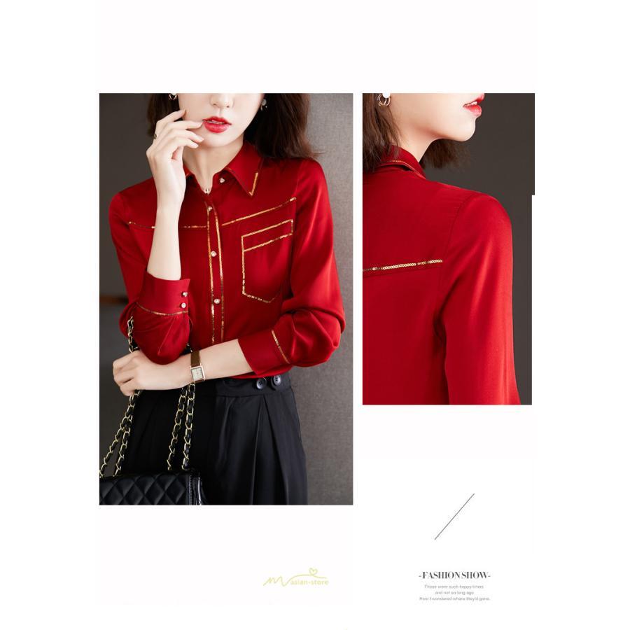 シャツ・ブラウス | ブラウス レディース シャツ トップス 赤 長袖シャツ 無地 オフィス カジュアル おしゃれ シフォン 通勤 通学 ナチュラル 可愛い 上品 オシャレ 秋服 キレイめ