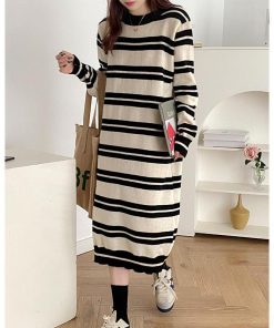 ニットワンピース | ワンピース 秋冬 ロングワンピース ミモレ丈 ボーダー ゆったり 体型カバー 柔らか 大人 長袖 ニット 50代 20代30代 アウター セーター