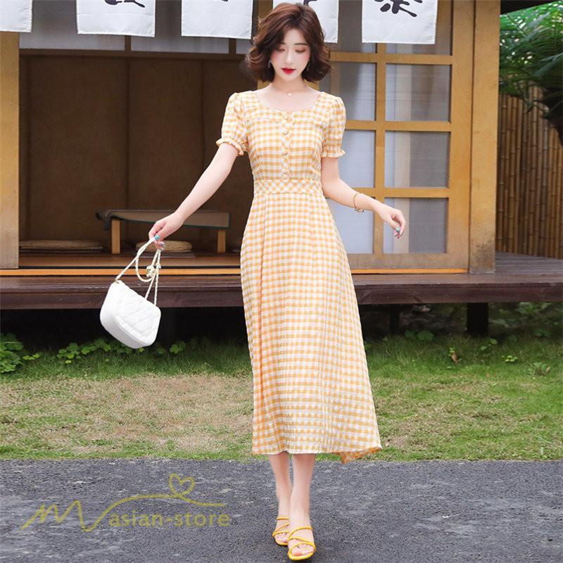 マキシ | ワンピース レディース チェック柄 きれいめ おしゃれ ゆったり ロング丈 着痩せ 春 夏 着痩せ ロングワンピース 上品 韓国風 バックファスナー エレガント