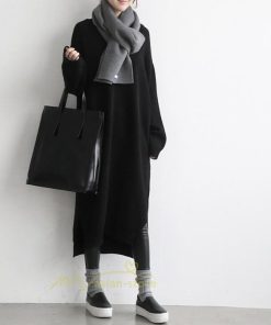 在庫ある | 短納期ロングニットワンピース ロングワンピ カットソー 長袖 トップス Vネック ゆったりセーターニット 体型カバー 通学通勤 OL ストレートニットワンピ