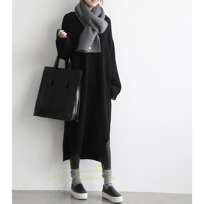 在庫ある | 短納期ロングニットワンピース ロングワンピ カットソー 長袖 トップス Vネック ゆったりセーターニット 体型カバー 通学通勤 OL ストレートニットワンピ