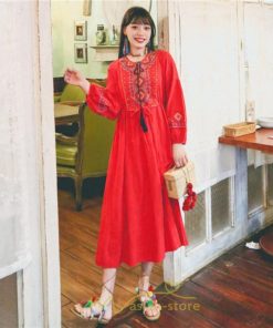 マキシ | ワンピース レディース 刺繍 綿麻 レトロ調 インスタ映え ナチュラル エスニック風 民族風 ボヘミアン 撮影 リゾート 柔らかい ウエストリボン長袖 イベント