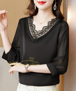 tシャツ・カットソー | Tシャツ レディース 7分袖 七分袖 カジュアル Vネック おしゃれ 女性用 シンプル 無地 ブラック 着痩せ レース付き シフォンシャツ 母の日 20代30代40代50代