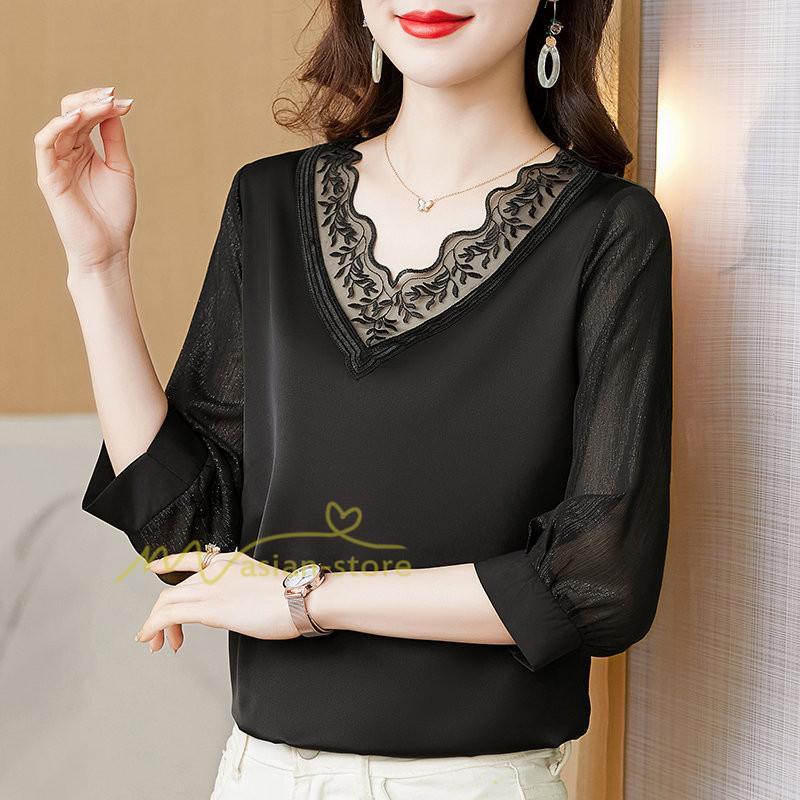 tシャツ・カットソー | Tシャツ レディース 7分袖 七分袖 カジュアル Vネック おしゃれ 女性用 シンプル 無地 ブラック 着痩せ レース付き シフォンシャツ 母の日 20代30代40代50代