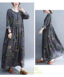 マキシ | ワンピース レディース 長袖 ロング カジュアル 花柄プリント 大きいサイズ  ぽっちゃり 着痩せ 上品 新作 丸首 秋 Aライン 夏 20代30代40代50代 レトロ風