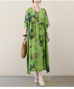 マキシ | ワンピース レディース 大きいサイズ 半袖 ロング丈 マキシ丈 クルーネック コットン 花柄 緑 夏 体型カバー 広がる裾 着痩せ 美シルエット ゆったり ポケット