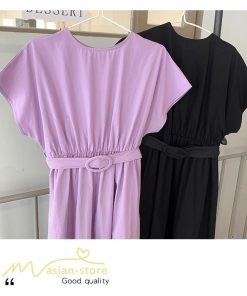 マキシ | 夏ワンピース ロングワンピース フレア 無地 半袖 ベルト付き Aラインワンピース レディース ワンピ 可愛い 体型カバー 大きいサイズ ゆったり カジュアル