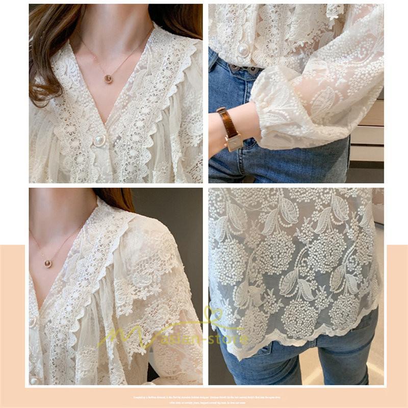 シャツ・ブラウス | ブラウス レディース きれいめ 40代 春秋 オシャレ 長袖 ブラウス レーストップス 夏物 Vネック 20代30代 着痩せ 通勤通学 着回し カジュアル 韓国ファッション