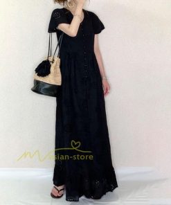 マキシ | 夏ワンピース 半袖 ロングワンピース Aライン 花刺繍 Vネック サマー ゆったり 夏コーデ 体型カバー 20代30代 黒 白 大人 40代 ママ OL シンプル フォーマル