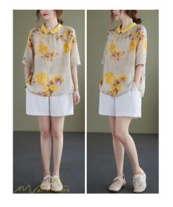 ｔシャツ・カットソー | Tシャツ Tシャツ プリント カジュアル 麻綿 リネン シャツ トップス サマーシャツ 襟付き カジュアル 大きいサイズ 夏コーデ 5分袖 麻綿 トレンド レディース