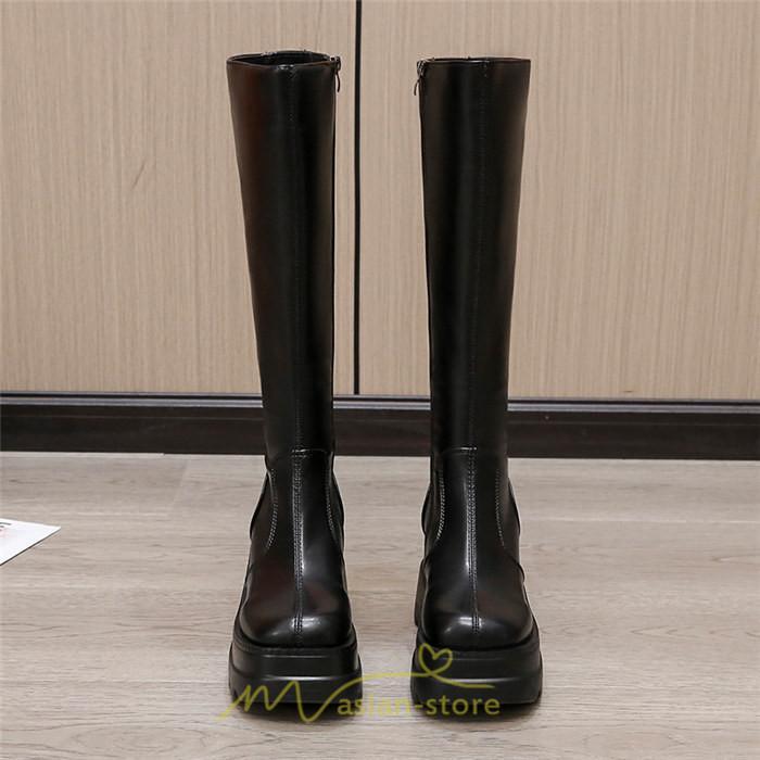 ロングブーツ | レディース ブーツ 厚底 歩きやすい 痛くない 定番 カジュアル 人気ブーツ ファスナー 黒 ブラック シンプル 美脚 おしゃれ 白 オフホワイト