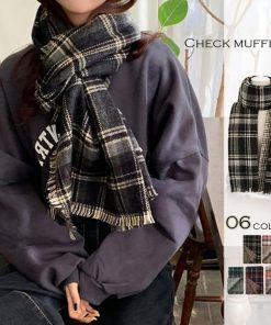マフラー | チェック リバーシブル フリンジ付きストール 大判 厚手 肩掛け