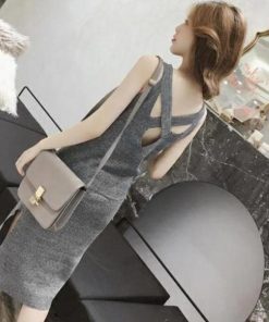 ワンピース | スリット レディース タイト膝下丈 ロングワンピ 着やせ バッククロス おしゃれ ニットノースリーブ