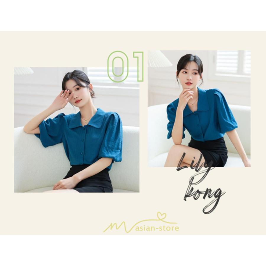 シャツ・ブラウス | ブラウス レディース オフィス シャツ 青 フォーマル 半袖 おしゃれ カジュアル フェミニン 開襟 着痩せ フランス風 お仕事 クラシック ビジネス 通勤 OL