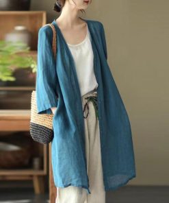 カーディガン | レディース リネン 麻混 ロング 春 秋 ゆったり 7分袖 40代 50代 無地 4色 冷え防止 透け感 羽織 初秋 30代 秋大きいサイズ 20代