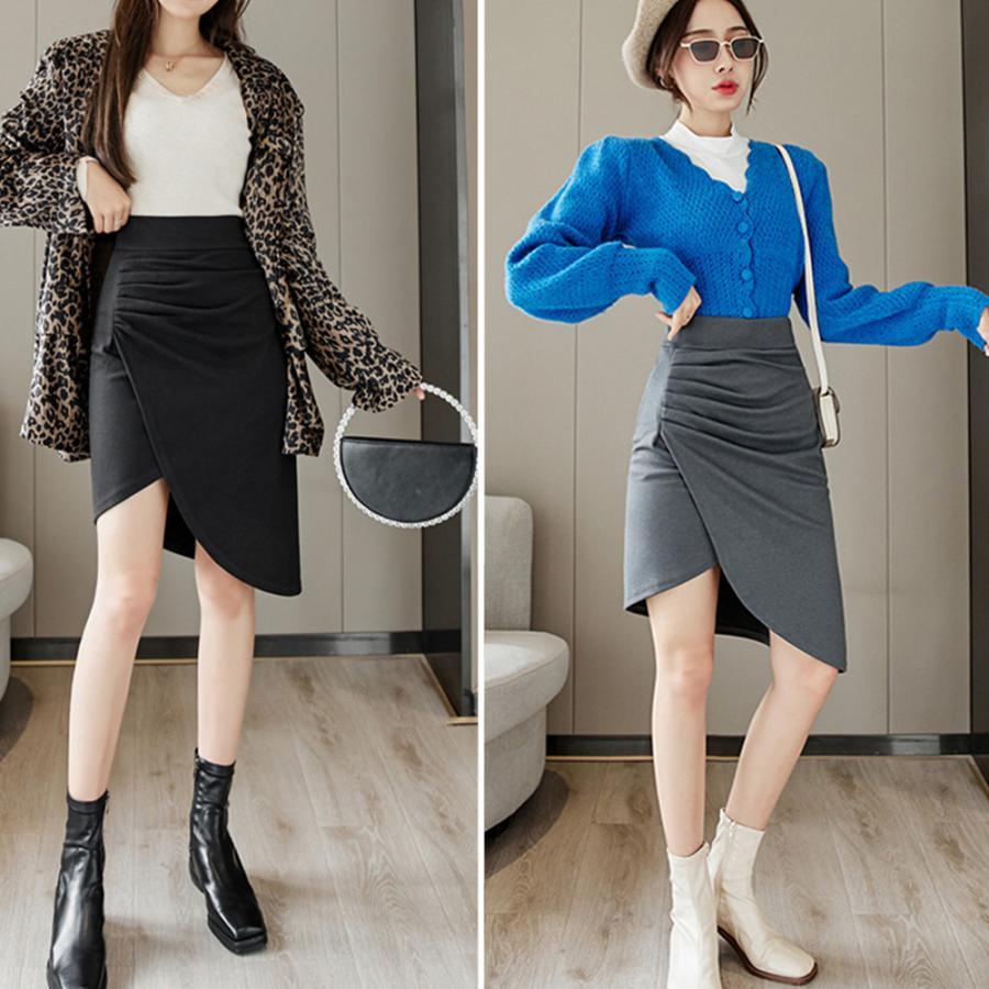 タイトスカート | ウールライク ギャザースカート 不規則裾