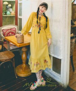 マキシ | ロングワンピース 長袖 花柄 フレア エスニック風 民族風 レトロ調 刺繍 綿麻 リゾート 旅行 レジャー お出かけ 外出 華奢魅せ 着痩せ 女子会 Vネック 同窓会