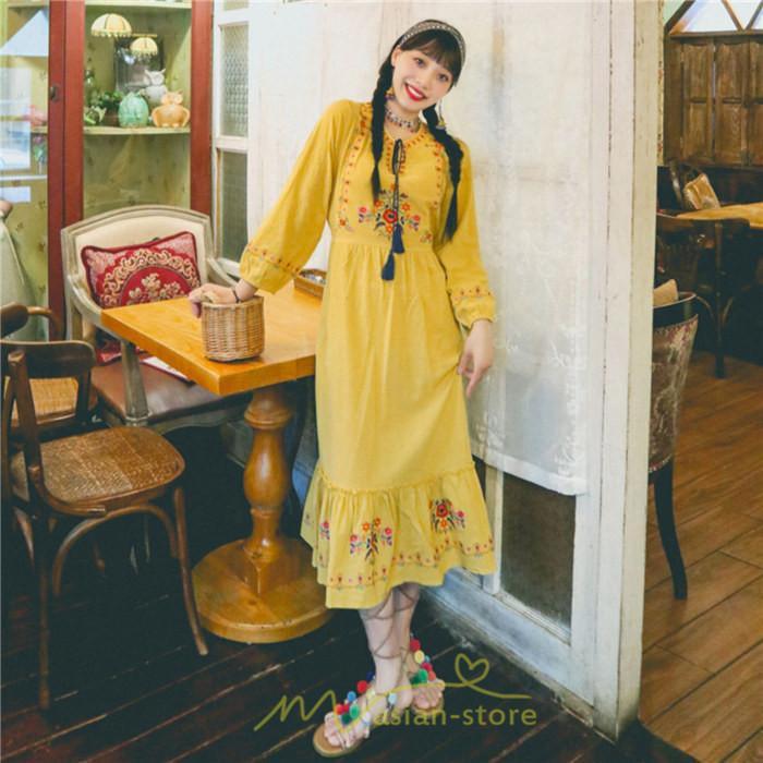 マキシ | ロングワンピース 長袖 花柄 フレア エスニック風 民族風 レトロ調 刺繍 綿麻 リゾート 旅行 レジャー お出かけ 外出 華奢魅せ 着痩せ 女子会 Vネック 同窓会