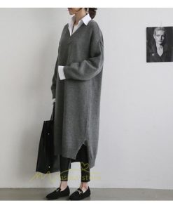 在庫ある | 短納期ロングニットワンピース ロングワンピ カットソー 長袖 トップス Vネック ゆったりセーターニット 体型カバー 通学通勤 OL ストレートニットワンピ