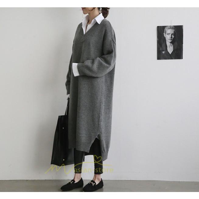 在庫ある | 短納期ロングニットワンピース ロングワンピ カットソー 長袖 トップス Vネック ゆったりセーターニット 体型カバー 通学通勤 OL ストレートニットワンピ