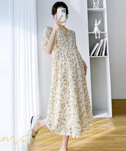 ワンピース | マタニティレディース 着痩せ 小花柄 Vネック マタニティ Aライン 夏新作 ひざ丈 韓国風 半袖 カジュアル 妊婦服 マタニティウェア