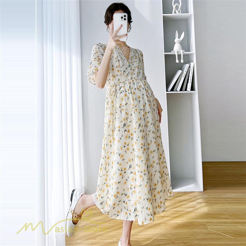 ワンピース | マタニティレディース 着痩せ 小花柄 Vネック マタニティ Aライン 夏新作 ひざ丈 韓国風 半袖 カジュアル 妊婦服 マタニティウェア