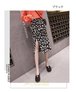 スカート | ロング 秋 冬 Aライン ロング丈 ハイウエスト ヒョウ柄 かっこいい セクシー  スリット ニット 韓国風 高見え デート おでかけ 2022新作 女子会 細見え