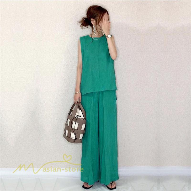 セットアップ | レディース 夏新作 無地 薄手 ワイドパンツ キャミソール ノースリーブ 薄手 上下セット ロングパンツ ガウチョパンツ ルームウェア 可愛い