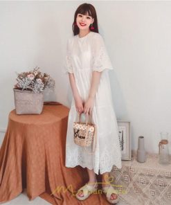 マキシ | ワンピース レース 丸首 刺繍 ロングワンピース レディース 夏秋 結婚式 きれいめ フォーマル 大人 上品 綿麻 白 黄色 コットン ピンク かわいい リネン