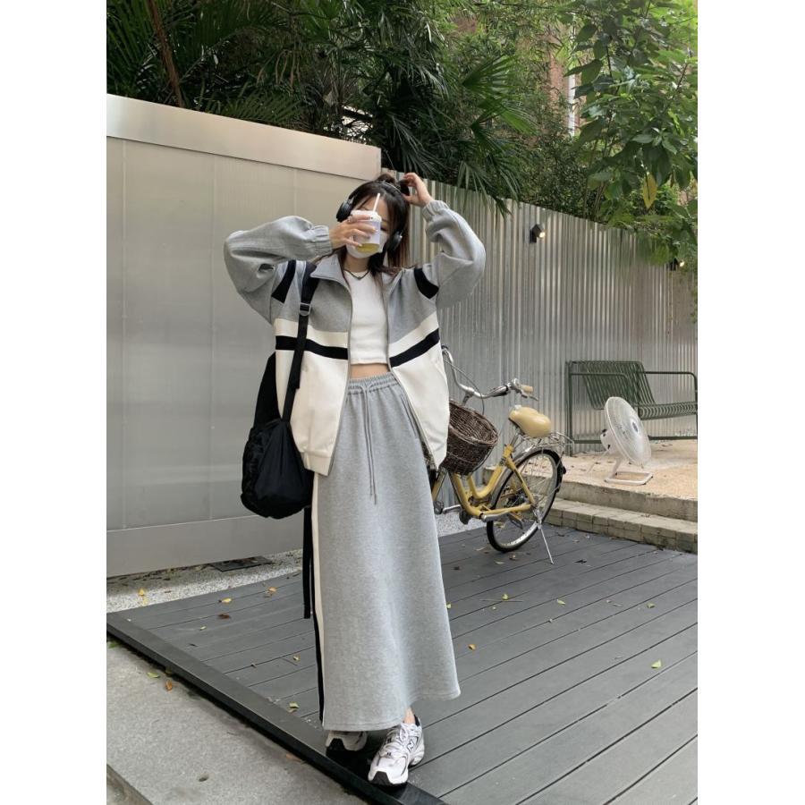 スカート | スウェット秋冬 レディース ドッキング ロングジャケット パーカー スウェット アウター 無地 ボトムズ 運動 ウエストゴム ジップアップ