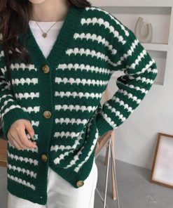 カーディガン | 配色ボーダー柄ニットカーディガンVネック