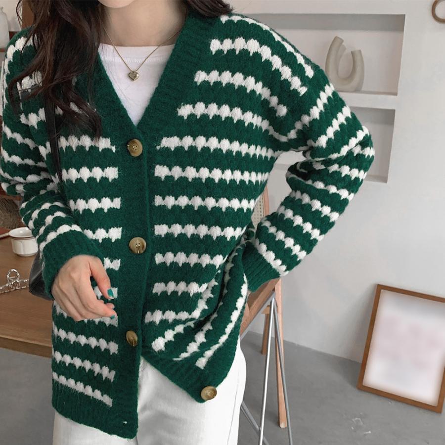 カーディガン | 配色ボーダー柄ニットカーディガンVネック