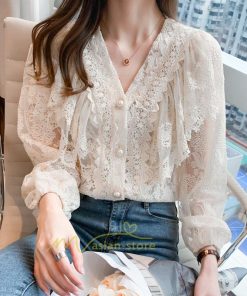 シャツ・ブラウス | ブラウス レディース きれいめ 40代 春秋 オシャレ 長袖 ブラウス レーストップス 夏物 Vネック 20代30代 着痩せ 通勤通学 着回し カジュアル 韓国ファッション