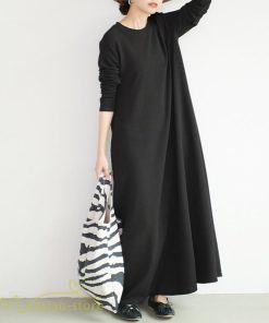 マキシ | ゆるワンピース 無地 マキシワンピース クルーネック カジュアル 長袖ワンピース ゆったり 体型カバー ワンピース フレア 秋コーデ 30代40代50代 大きいサイズ