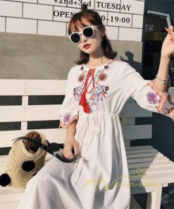 マキシ | ワンピース 半袖 夏物 レディース 秋服 綿麻 刺繍 フレアスリーブ ロングワンピース ミモレ丈 五分袖 ウエストゴム 大人 30代40代 Aラインワンピ リボン付き