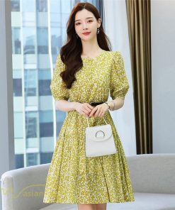 ミディアム | Aラインワンピース 膝丈 花柄 ワンピース ミディアムワンピース 5分袖 韓国風 エレガント カジュアルワンピース サマーワンピース 通勤通学 上品 おしゃれ 上品