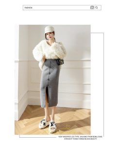 スカート | レディース ロング丈 ミモレ丈 ニット 秋冬 韓国風 スリット ハイウエスト Aライン 着痩せ 小柄 大人可愛い 20代30代40代50代 フェミニン 脚長効果