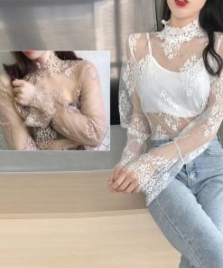 透かし編みトップス | トップス インナー ブラウス 長袖 レディース ネック シースルー