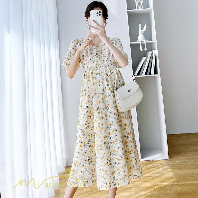 ワンピース | マタニティレディース 着痩せ 小花柄 Vネック マタニティ Aライン 夏新作 ひざ丈 韓国風 半袖 カジュアル 妊婦服 マタニティウェア