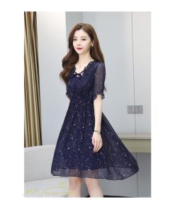 ミディアム | サマーワンピース レディース 半袖 薄手 透け感 Vネック おしゃれ カジュアル ミディアムワンピース フレア 大きいサイズ 星柄 XXL きれいめ 可愛い ワンピース
