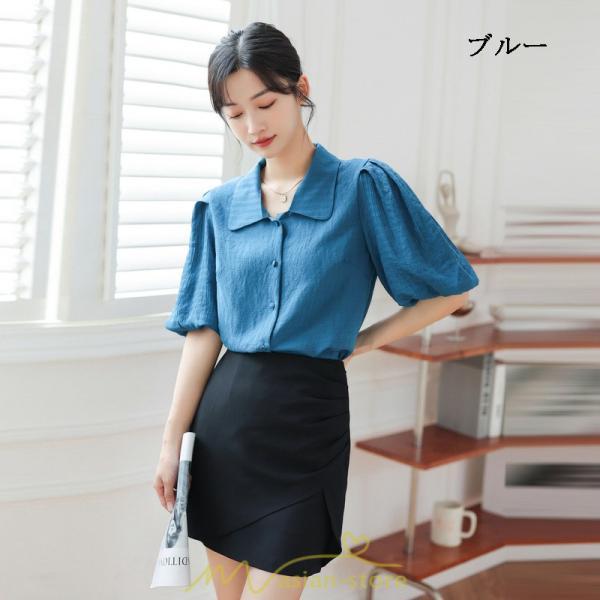 シャツ・ブラウス | ブラウス レディース オフィス シャツ 青 フォーマル 半袖 おしゃれ カジュアル フェミニン 開襟 着痩せ フランス風 お仕事 クラシック ビジネス 通勤 OL
