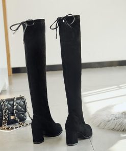 ロングブーツ | ストレッチニーハイブーツ レディース チャンキーヒール レースアップ スエードブーツ ミドルヒール 太ヒール 膝上丈 大きいサイズ 黒ブーツ