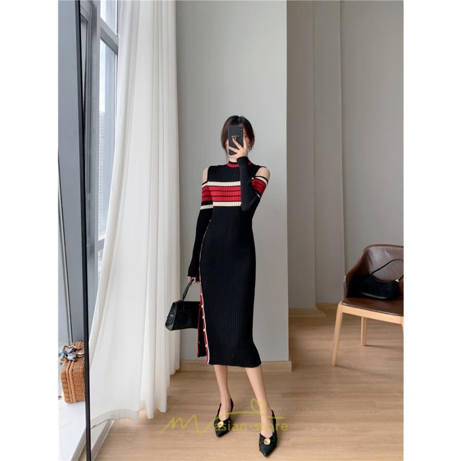 ニットワンピース | ワンピース 秋 秋服 レディース ニット ロングワンピース ロング 長袖 肩出し 秋冬 送料無料 セクシー フェミニン デート 春 お出かけ 結婚式 暖か 通勤
