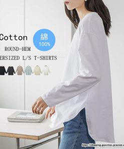 ｔシャツ・カットソー | Tシャツ Tシャツ コットン長袖オーバーサイズ裾ラウンドTシャツ レディース 綿Tシャツ 長袖Tシャツ クルーネック 秋物 ミドル丈 無地 丸首 長袖