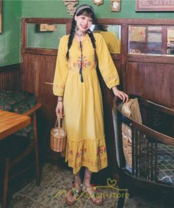 マキシ | ロングワンピース 長袖 花柄 フレア エスニック風 民族風 レトロ調 刺繍 綿麻 リゾート 旅行 レジャー お出かけ 外出 華奢魅せ 着痩せ 女子会 Vネック 同窓会